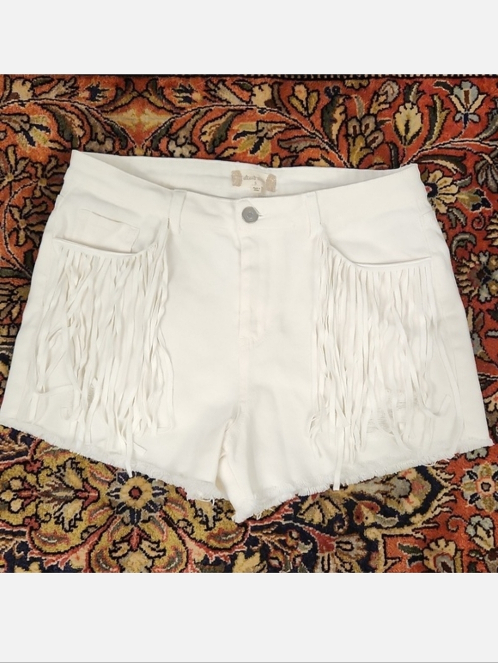 Altar'd State White Distressed Cut Off Denim Shorts With Fringes S